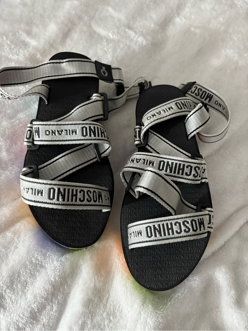 Moschino women’s Silver Logo Strap Platform Sandals with Rainbow Blocks - Picture 4 of 6